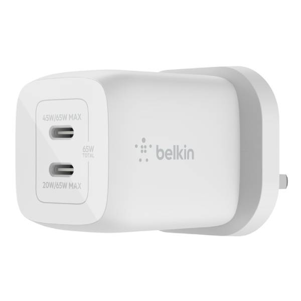 BELKIN WCH013MYWH Διπλός Φορτιστής Τοίχου USB-C GaN Με PPS 65W