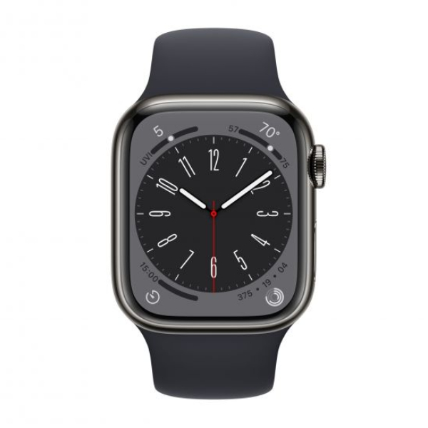 APPLE Watch Series 8 GPS + Cellular 45mm, Γραφίτης Ανοξείδωτο Ατσάλι με Μαύρο Αθλητικό Λουράκι product image  | image 2